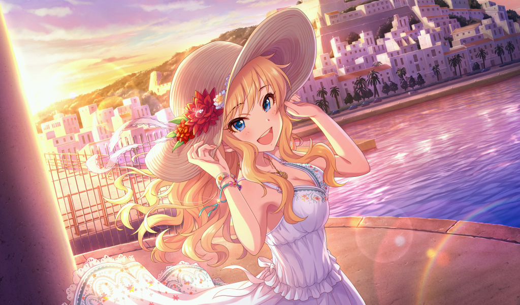 Красивая девушка аниме в шляпке у реки 