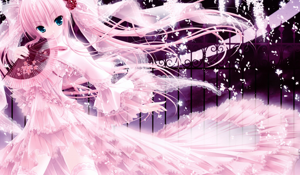 Красивая девушка аниме в длинном розовом платье 