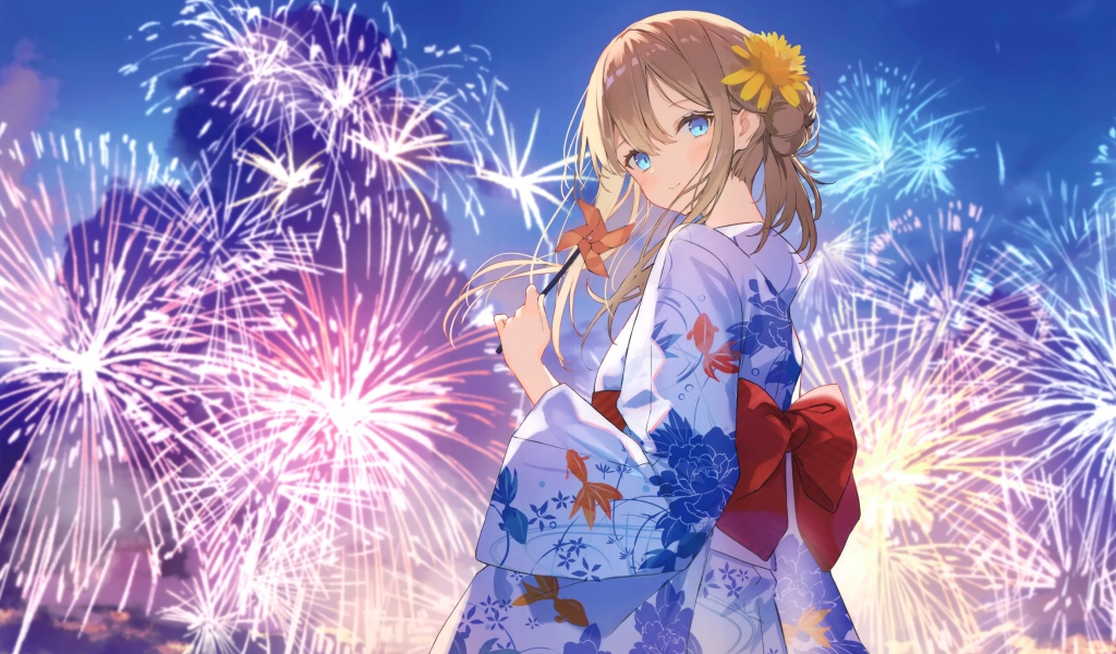 Красивая девушка аниме в кимоно на фоне салюта