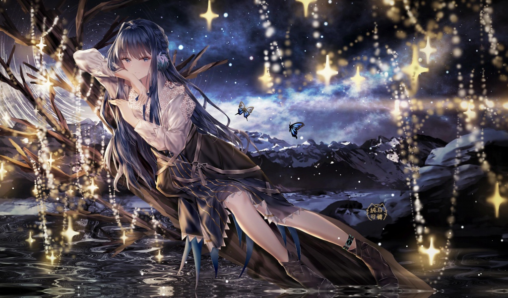 Красивая девушка аниме лежит на дереве у воды