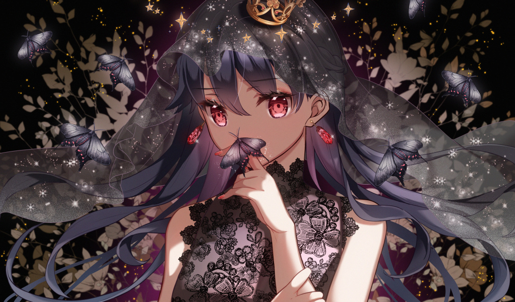 Красивая девушка аниме с бабочкой на пальце