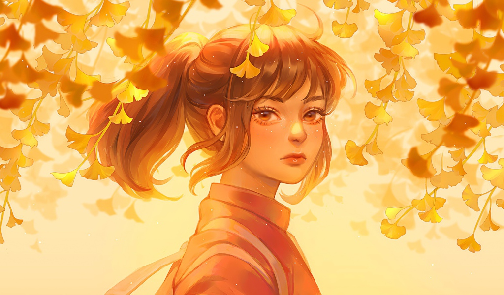 Красивое лицо девушки аниме на фоне листьев 