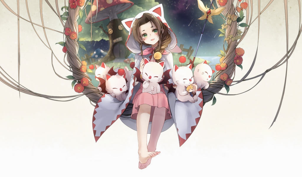 Милая девушка аниме с котятами на белом фоне