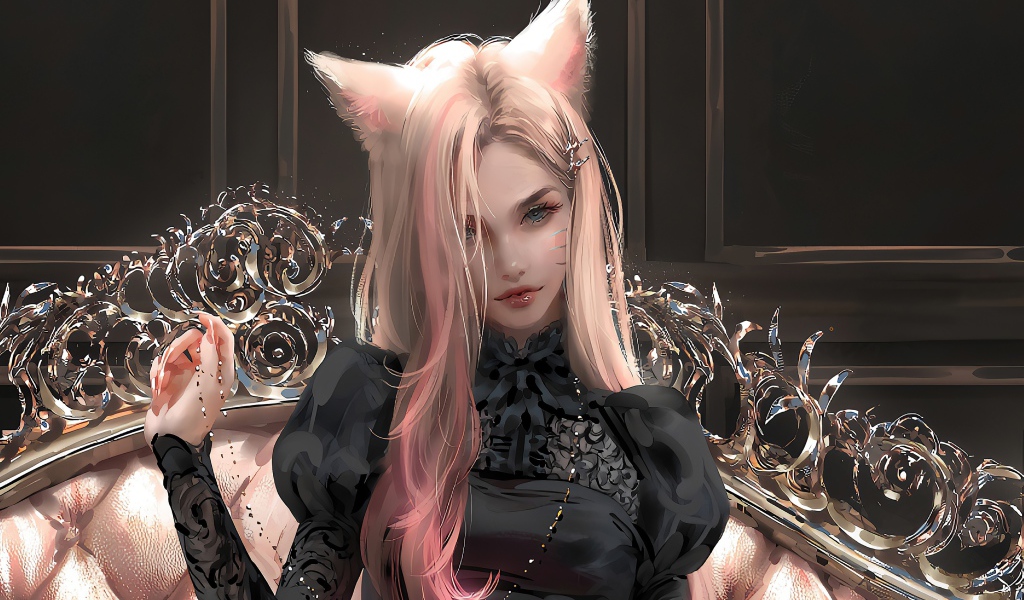 Фантастическая девушка кошка в черном наряде