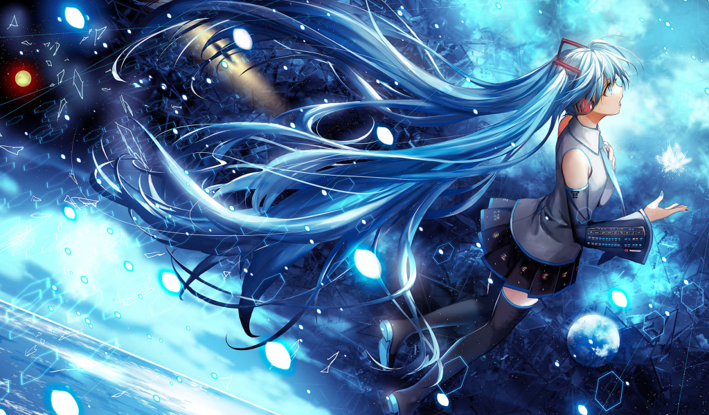 Девушка аниме Мику Хацунэ с длинными голубыми волосами  в космосе