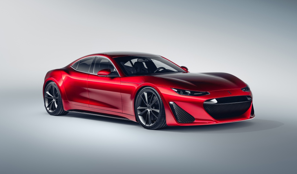 Красный автомобиль  Drako GTE, 2020 года на сером фоне вид спереди