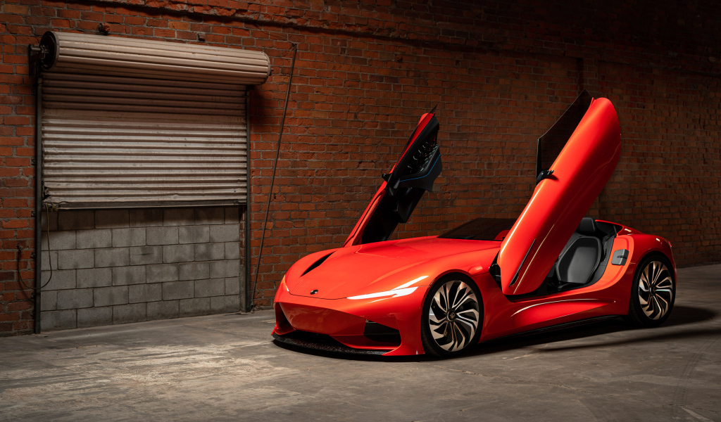 Красный автомобиль Karma SC1 Vision Concept 2019 года с открытыми дверями