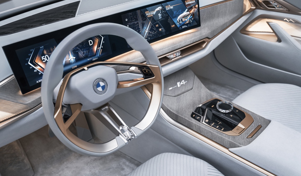 Красивый салон автомобиля BMW Concept I4 2020 года