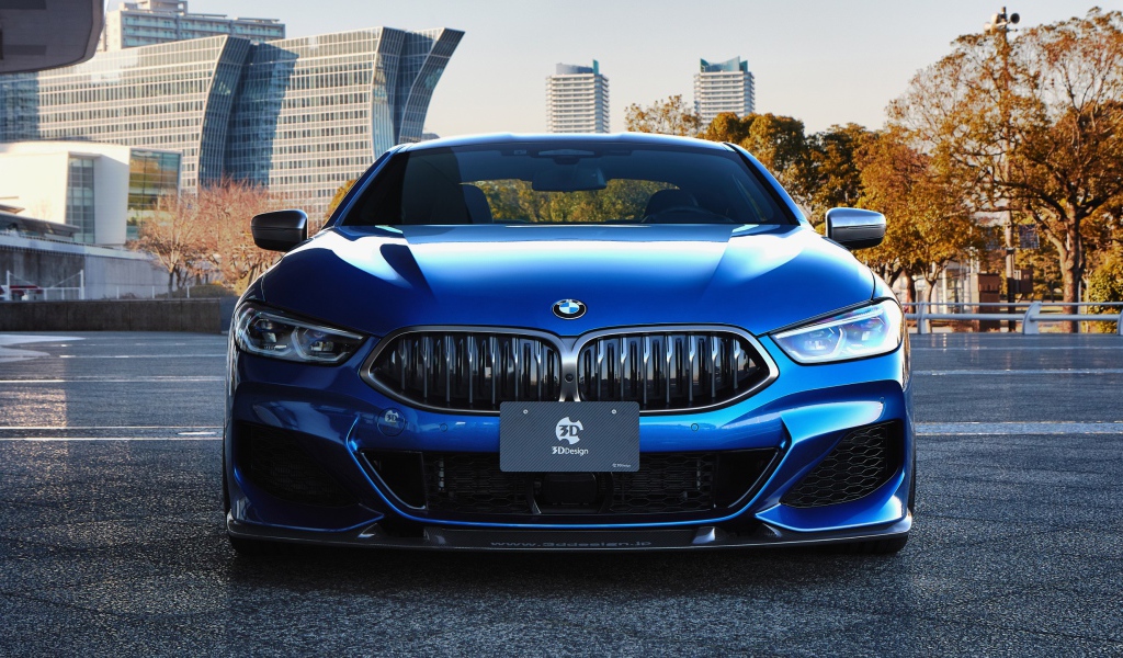 Синий автомобиль  BMW M850i XDrive Coupe 2020 года на фоне города 