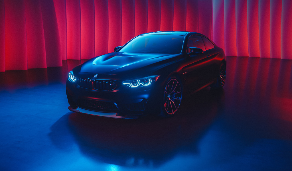 Черный автомобиль BMW M4 с включенными фарами