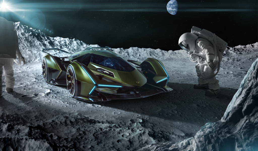 Спортивный автомобиль Lamborghini Lambo V12, 2019 года на поверхности луны