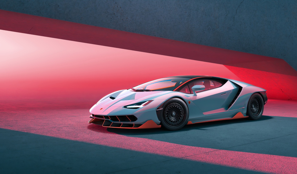 Автомобиль Lamborghini Centenario на красном фоне 