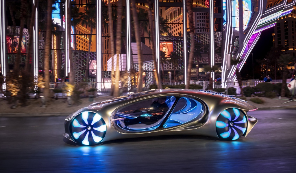 Автомобиль Mercedes-Benz VISION AVTR, 2020 года с неоновыми колесами