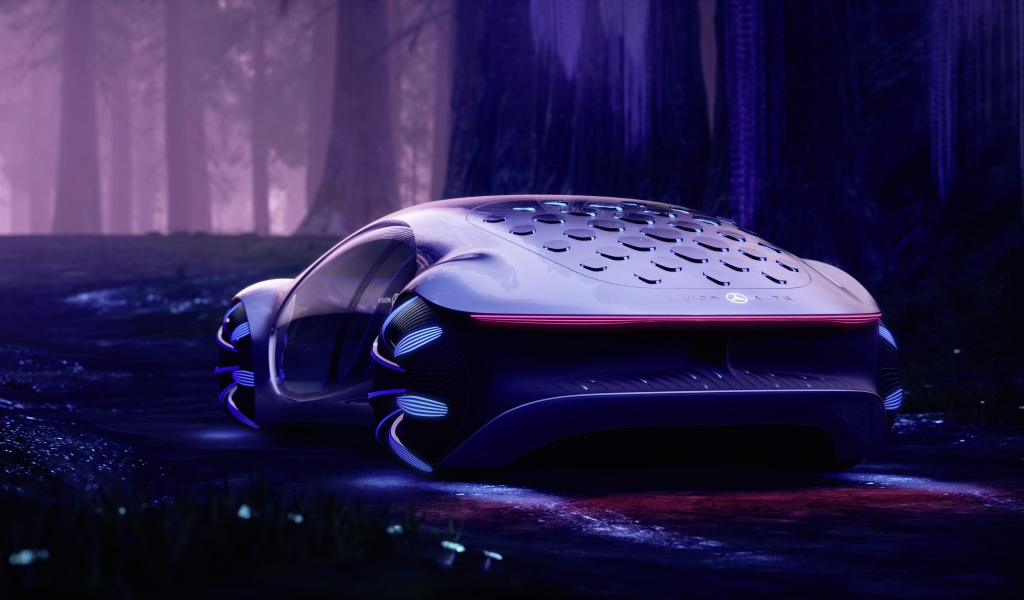 Неоновый автомобиль Mercedes-Benz VISION AVTR 2020 года в лесу
