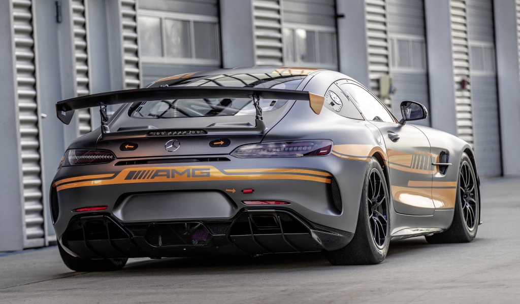 Серебристый автомобиль Mercedes-AMG GT4 2020 года вид сзади