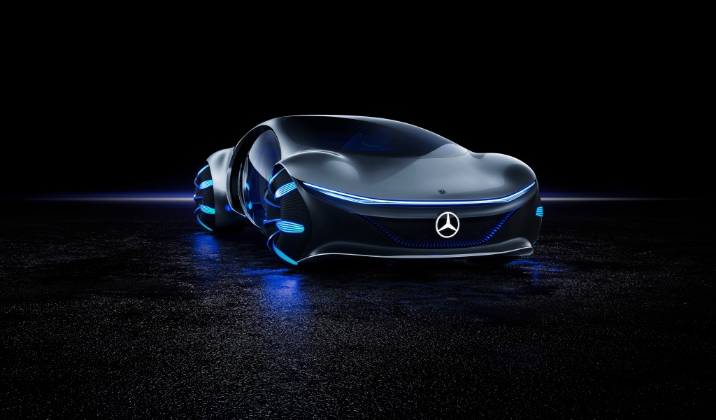 Футуристический автомобиль Mercedes-Benz VISION AVTR 2020 года на черном фоне