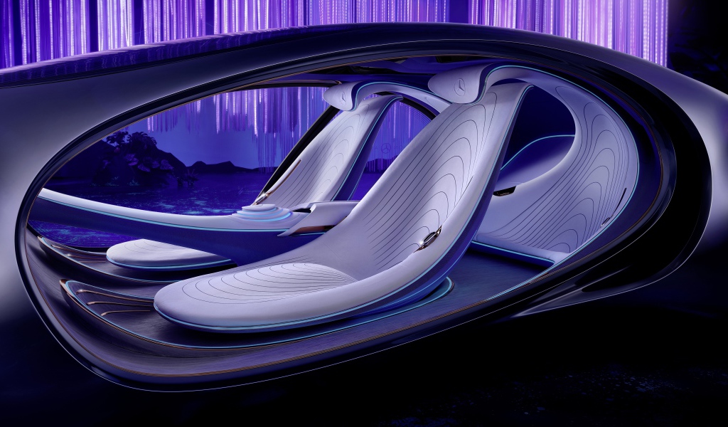 Салон нового автомобиля Mercedes-Benz VISION AVTR 2020 года с неоновой подсветкой 