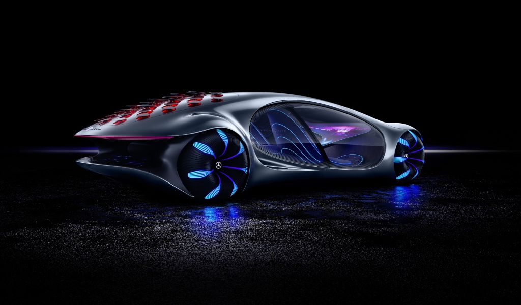 Новый автомобиль Mercedes-Benz VISION AVTR 2020 года на черном фоне