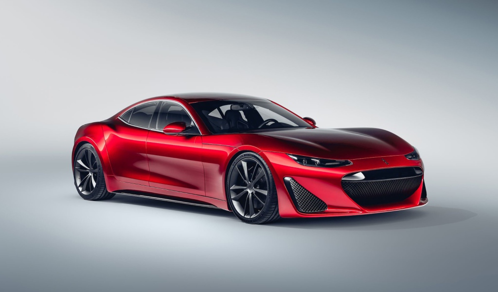 Красный автомобиль Drako GTE, 2020 года на сером фоне