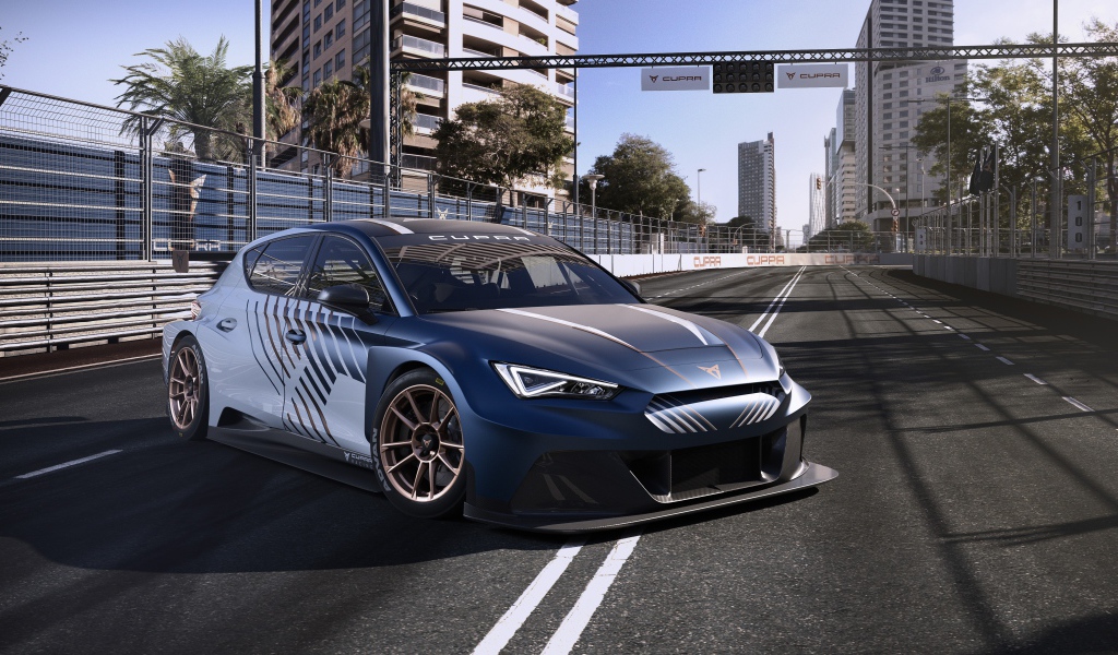 Стильный автомобиль Cupra Leon E-Racer 2020 года на гонках 