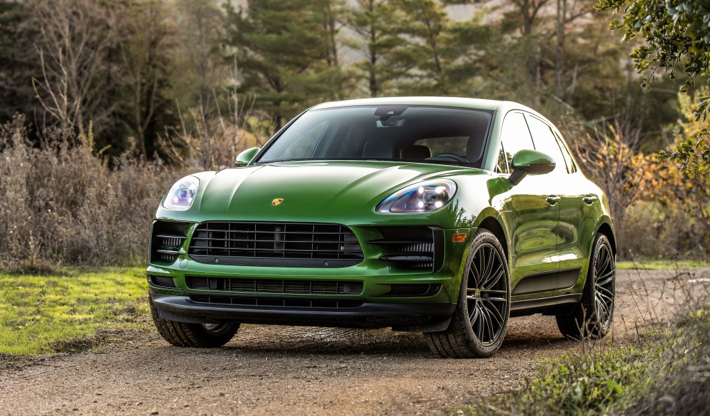 Зеленый внедорожник Porsche Macan S в лесу