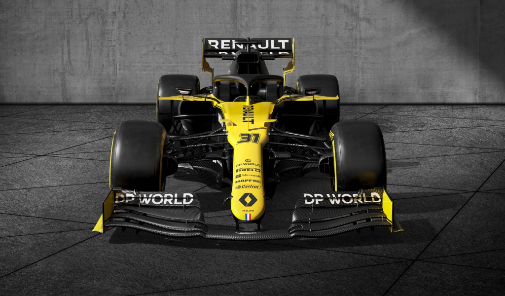 Гоночный автомобиль Renault RS20 2020 года на сером фоне