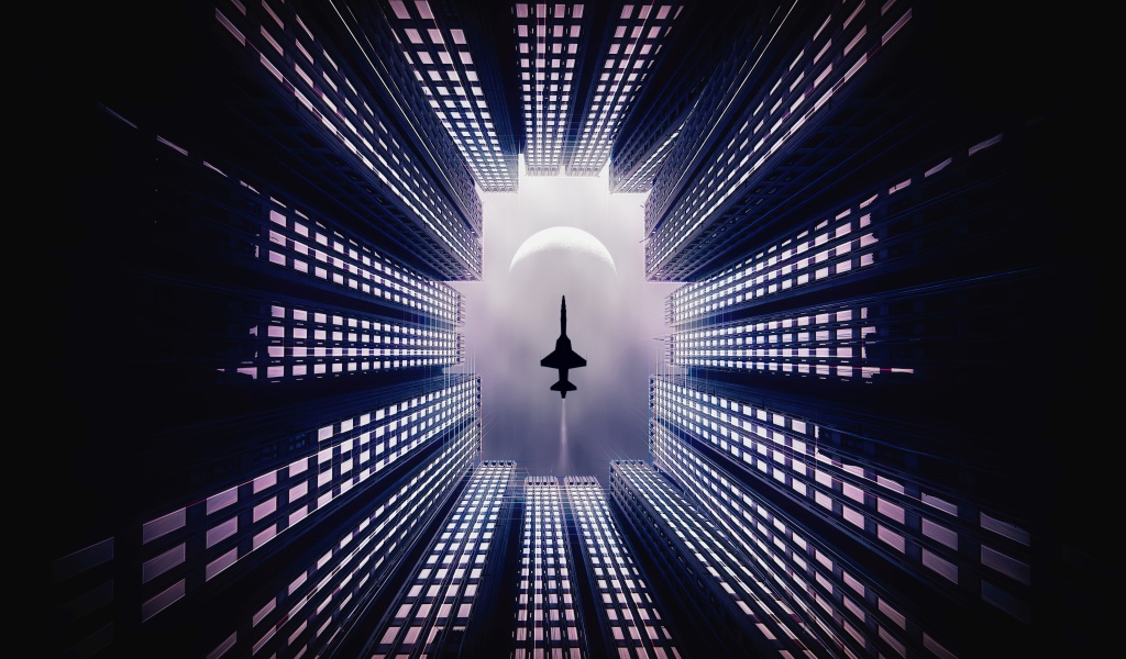 Самолет летит над небоскребами 