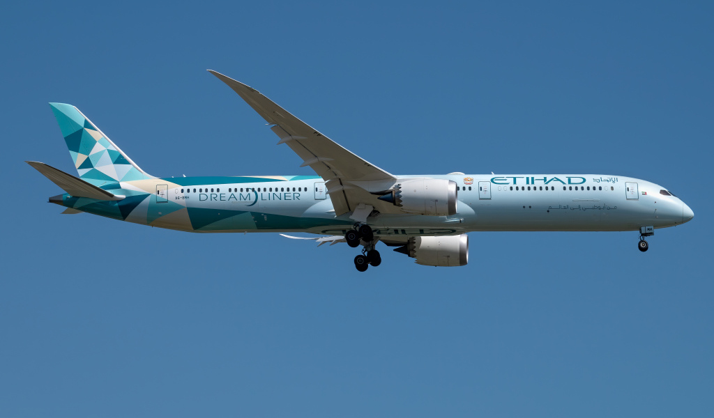 Пассажирский самолет авиакомпании  Dreamliner убирает шасси в небе 