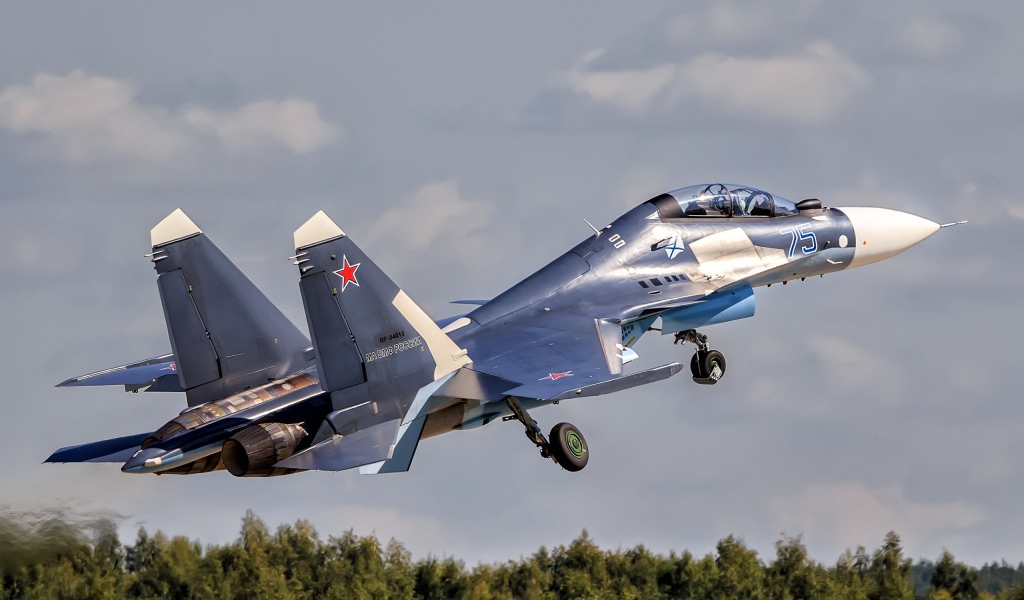 Истребитель Су-30 Su-30SM взлетает в небо 