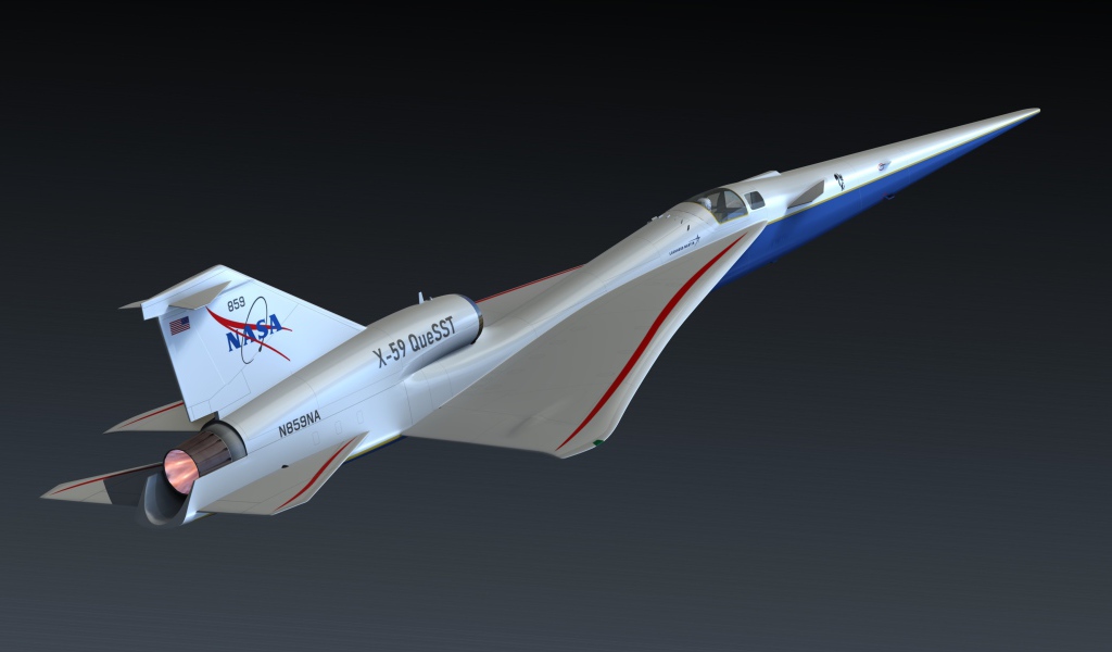 Сверхзвуковой самолет X-59 QueSST на сером фоне