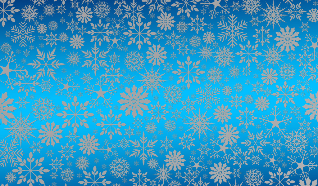 Голубой фон с разными белыми снежинками