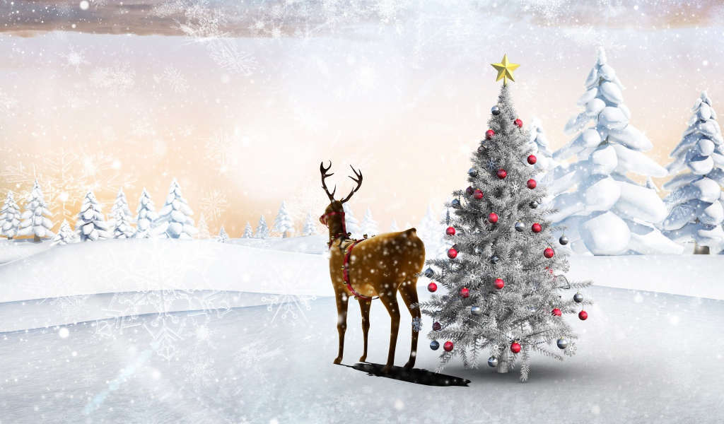 Олень у наряженной ели, шаблон открытки на Рождество