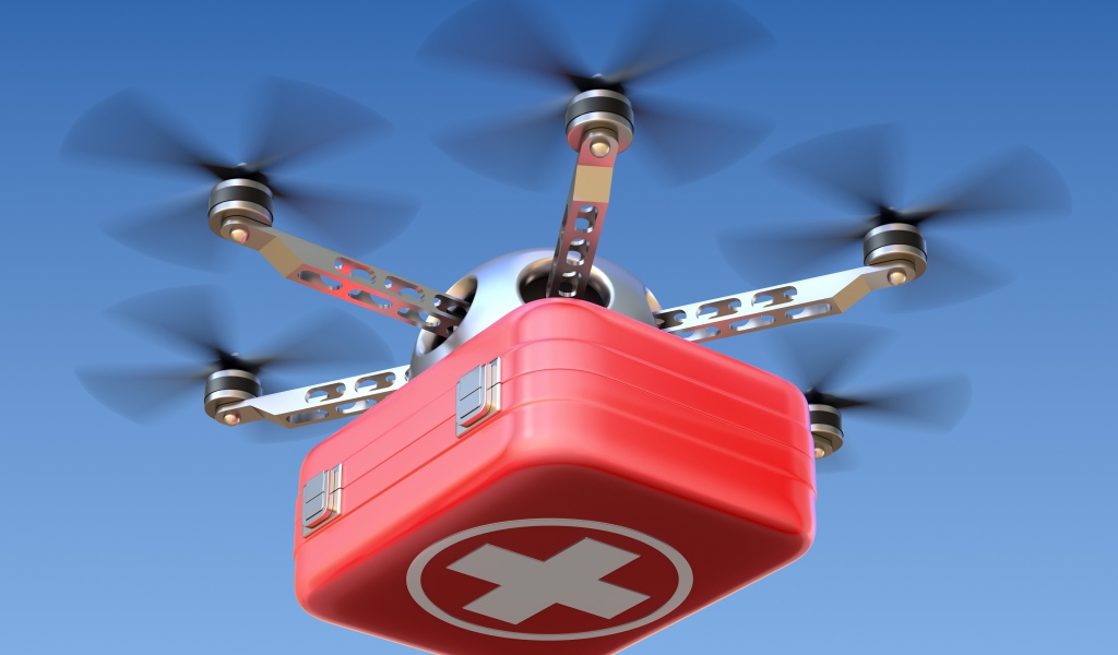 Медицинский беспилотник в голубом небе 