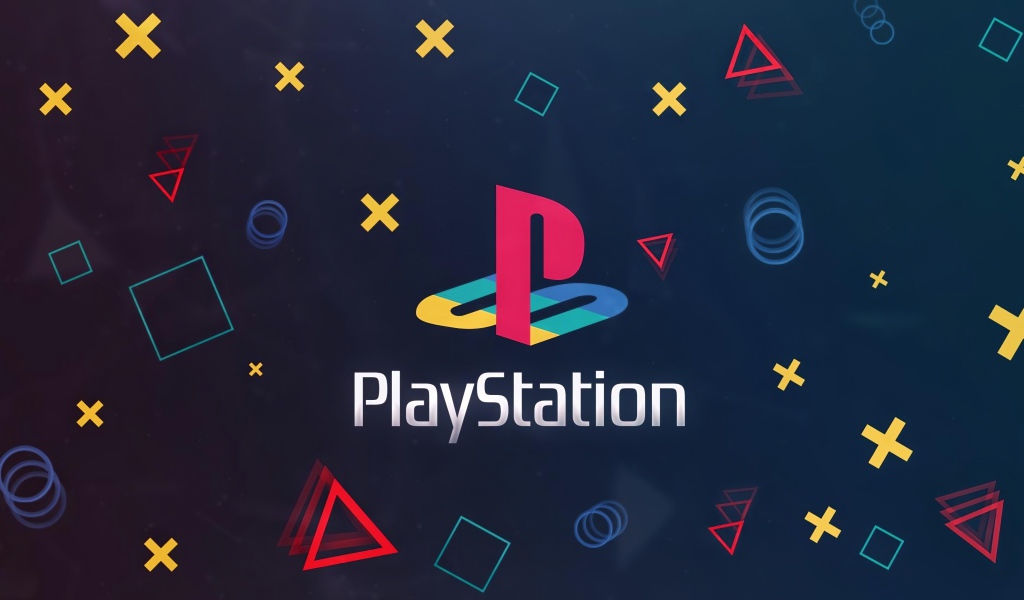 PlayStation logo on a blue background with geometric shapes.