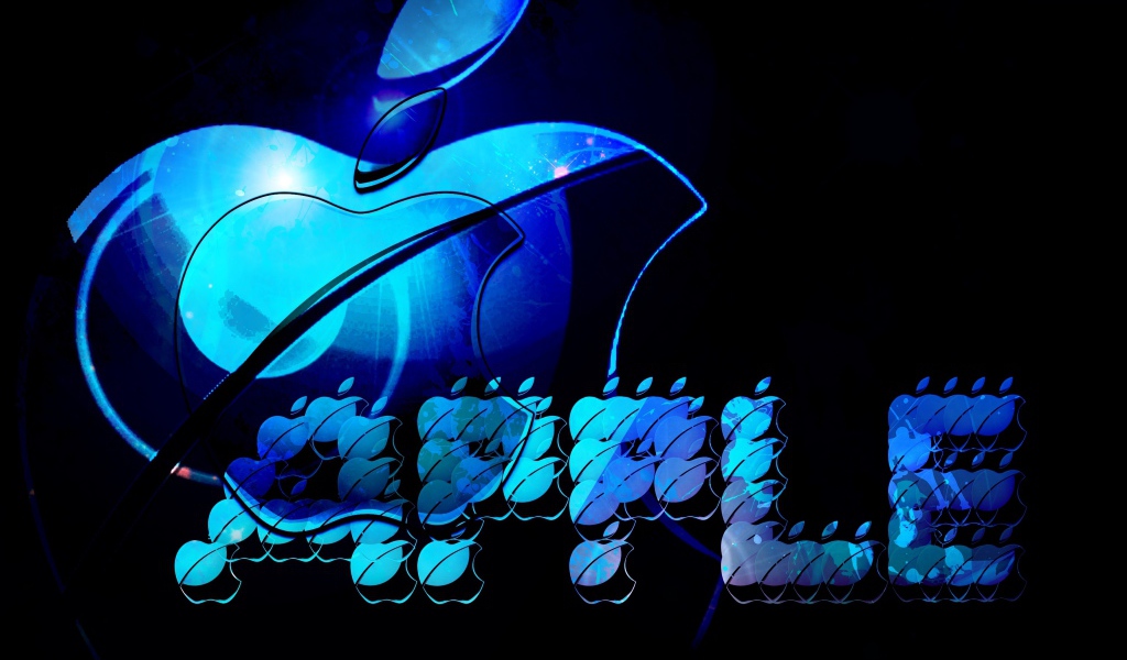 Синий неоновый логотип Apple на черном фоне