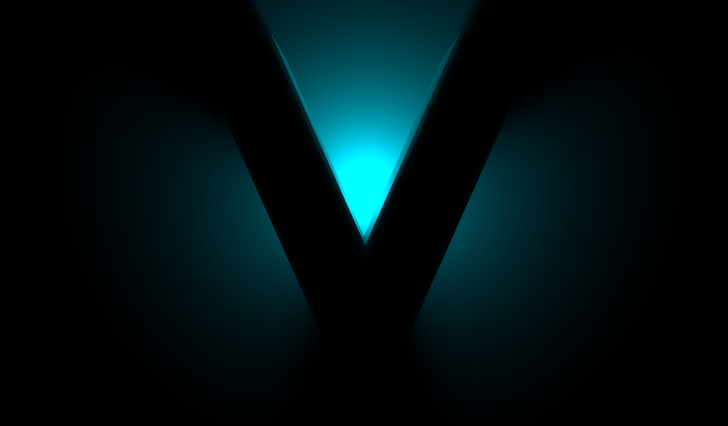 Большой черный знак V на синем фоне