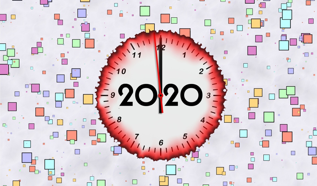 Часы с цифрами 2020 на фоне с квадратами