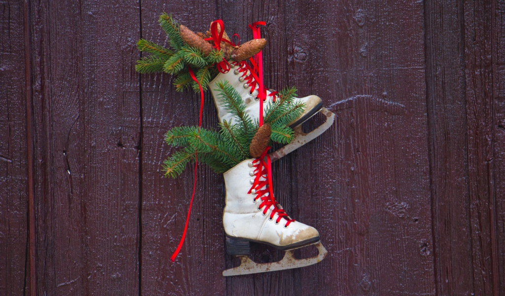 Старые коньки с еловыми ветками на двери 