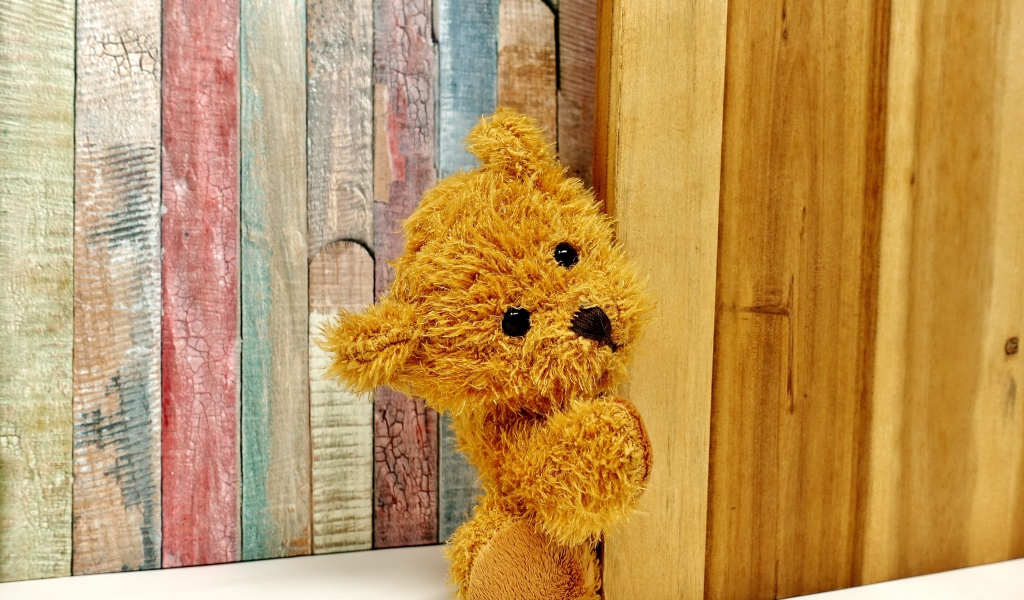 Медвежонок Тедди выглядывает из-за двери 