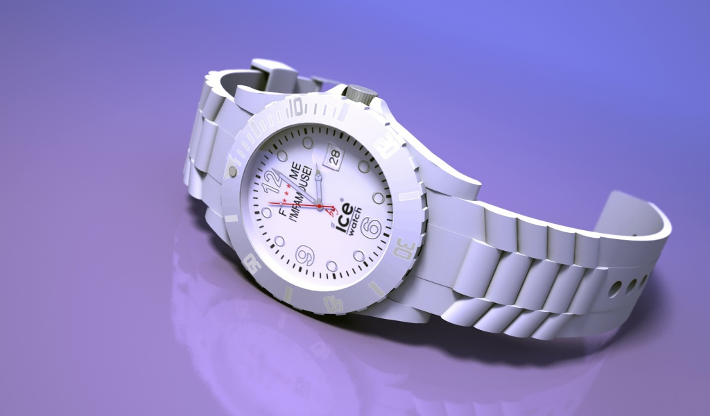 Белые наручные часы на сиреневом фоне