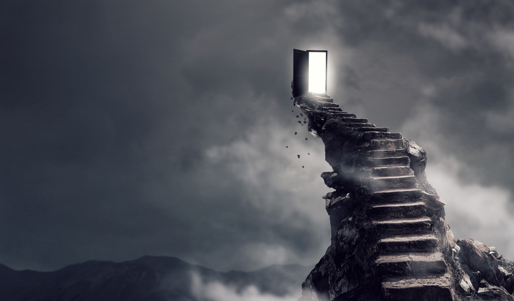 Каменная лестница ведет к двери в небе 