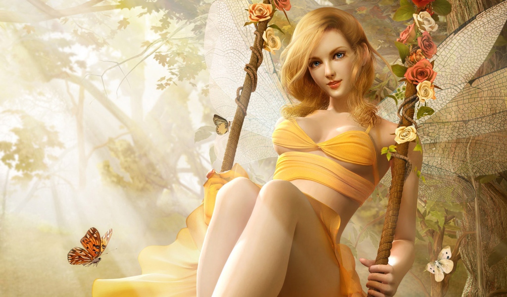 Красивая девушка эльф катается на качели