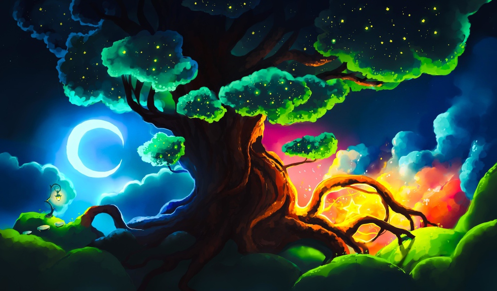 Большое фантастическое дерево ночью