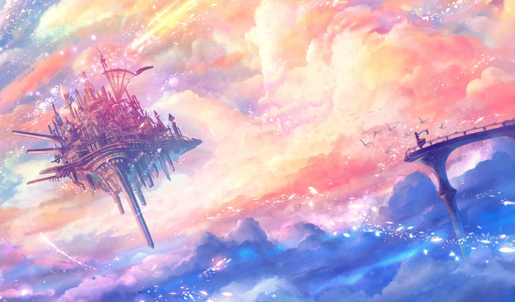 Фантастический замок на летающем острове в небе 