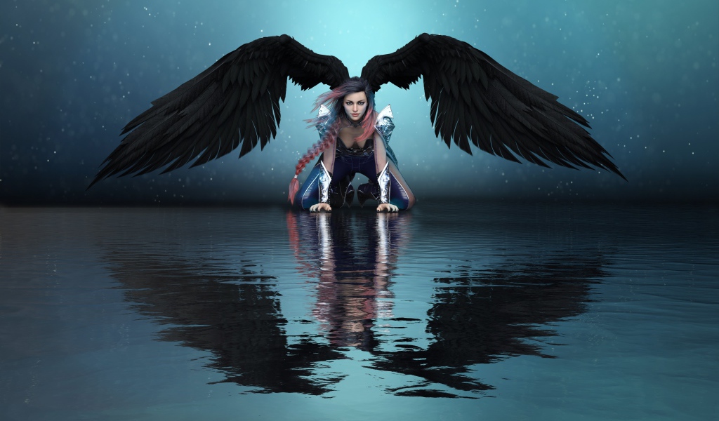 Фантастическая девушка ангел с черными крыльями отражается в воде 