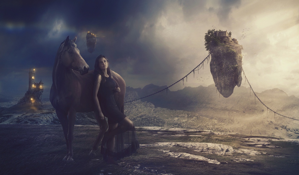 Девушка в черном платье с лошадью на фантастической планете