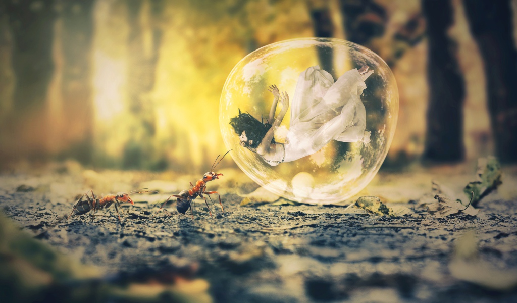 Девушка в пузыре на асфальте с муравьями