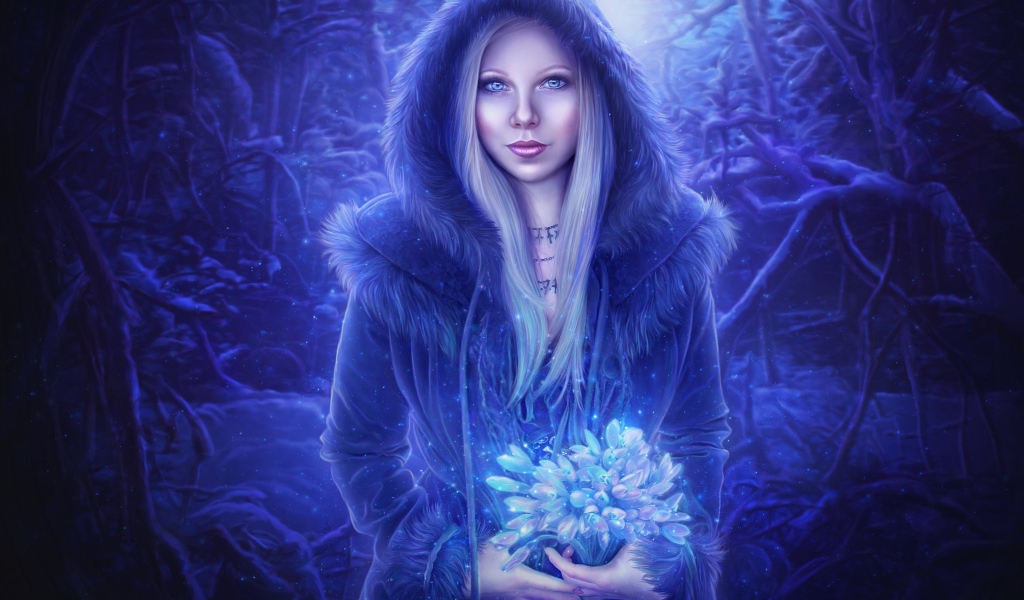 Girl with a bouquet of flowers in a neon light in the forest
