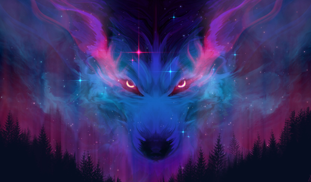 Неоновый волк в облаках над лесом