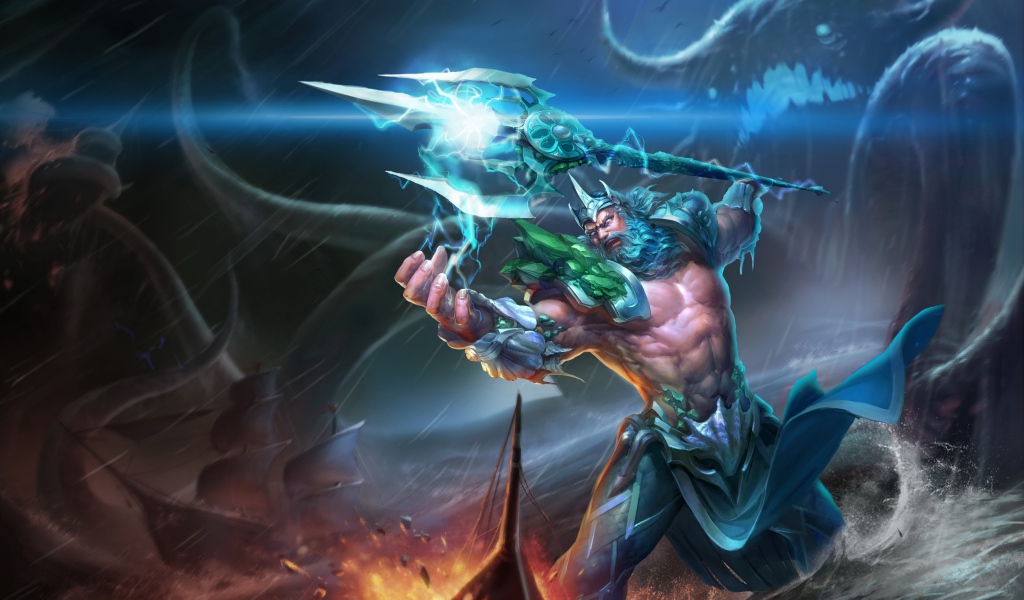 Грозный царь Посейдон в море с трезубцем